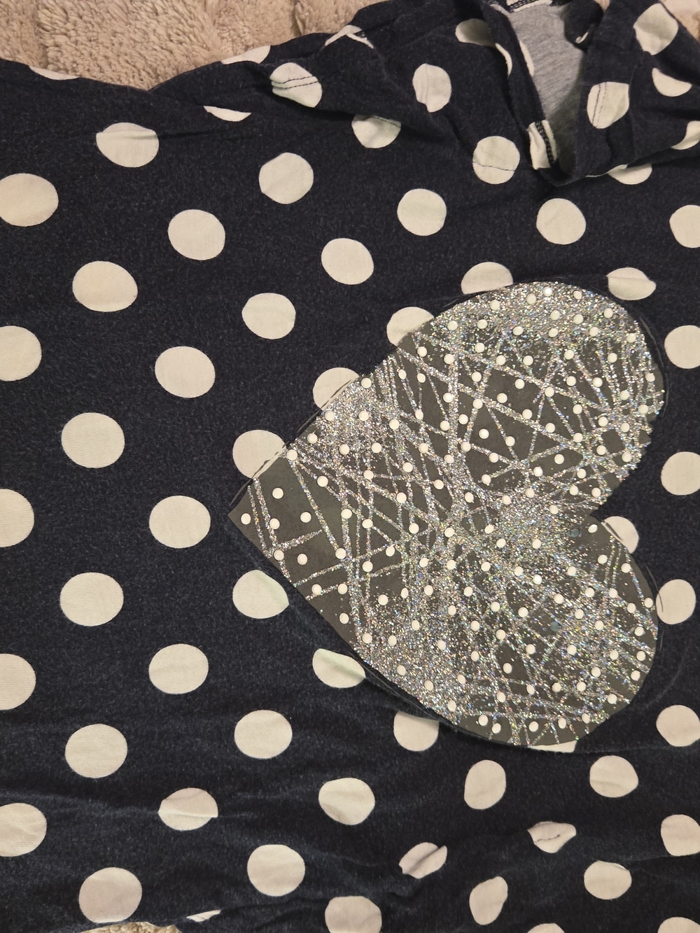 Girls Navy Polka Dot Shirt with Silver Glitter Heart